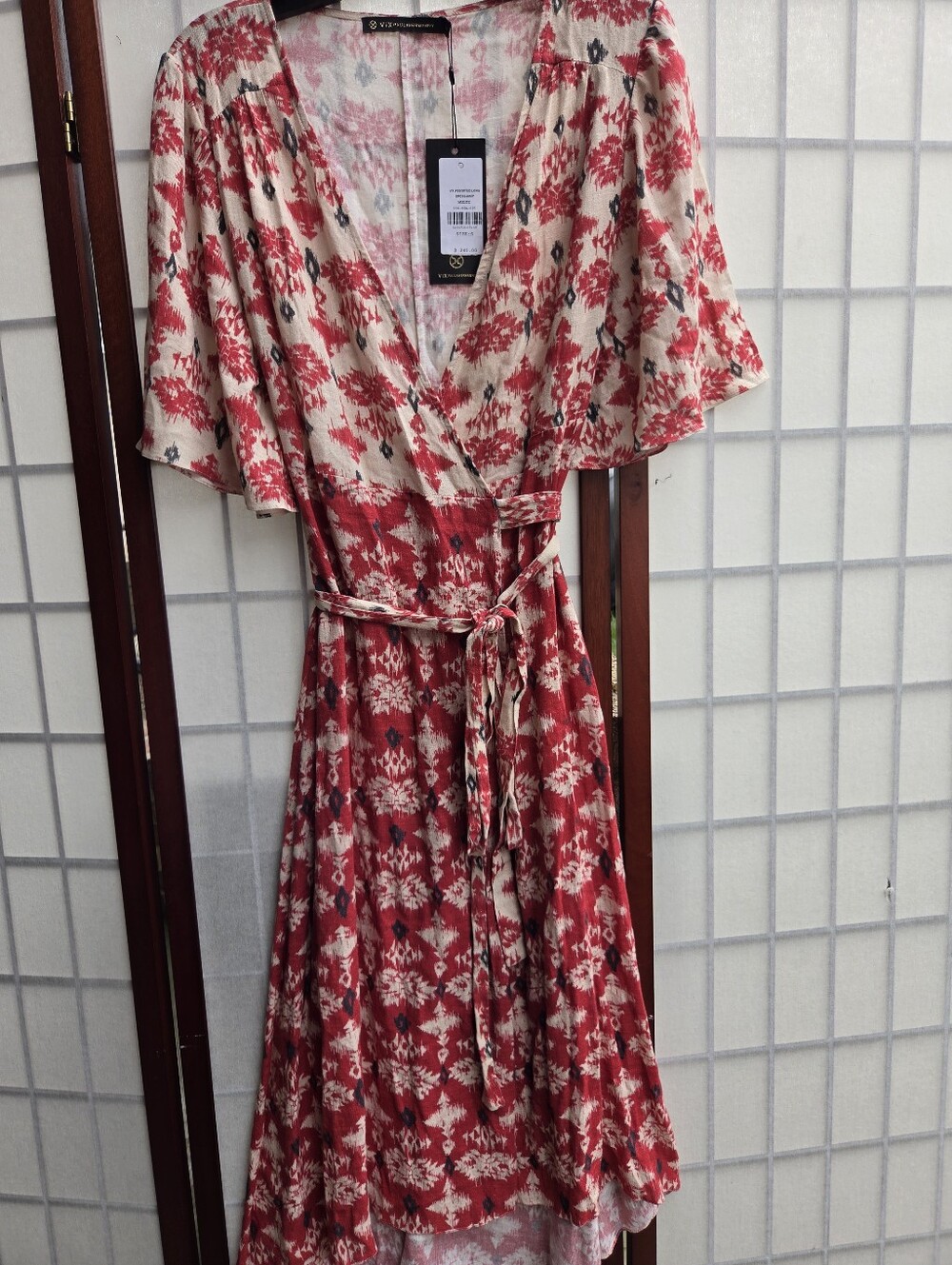 ViX Paula Hermanny Linen Ikat Print Wrap Dress Boho Chic Coastal Geometric S